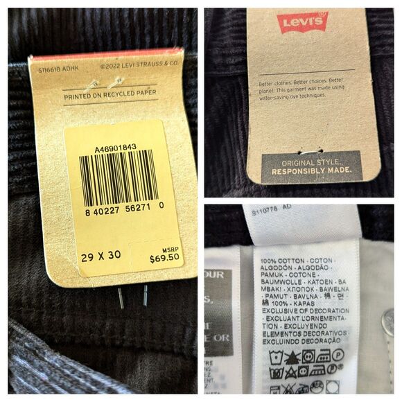 NWT Levis black corduroy pants  SZ 29x30   Unisex - Picture 7 of 11
